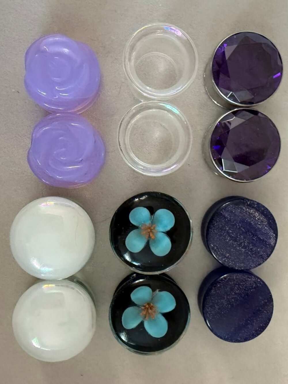 5/8" 16mm Set of 6 Pairs of Glass, Steel, and Stone Plugs/Eyelets